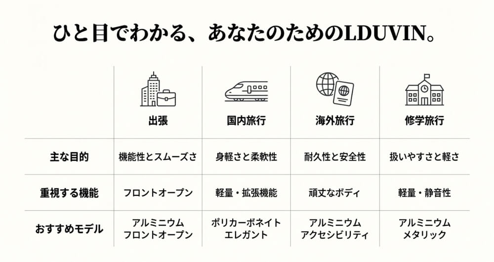 LDUVINスーツケースの利用シーンの違い